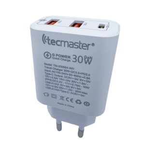 Tecmaster Cargador De Pared Fast Charge 30W 3 Puertos Pd3.0 + Qc3.0 Con Cable Tipo-C